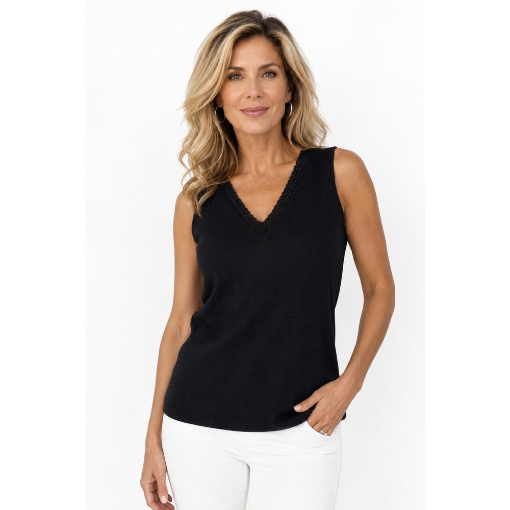 Chico's Size 2 Black Sleeveless V Neck Crochet Trim Knit Tank Top Classic Chic